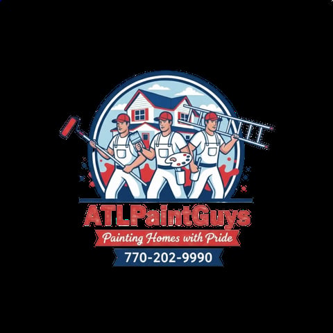 ATL Paint Guys logo featuring three painters with tools and house, tagline Painting Homes with Pride, phone 770-202-9990