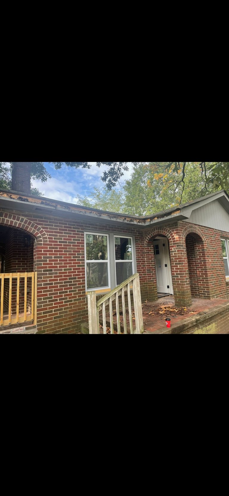 Single-story brick house with wooden deck, large windows, arched doorway, and overgrown roof surrounded by trees